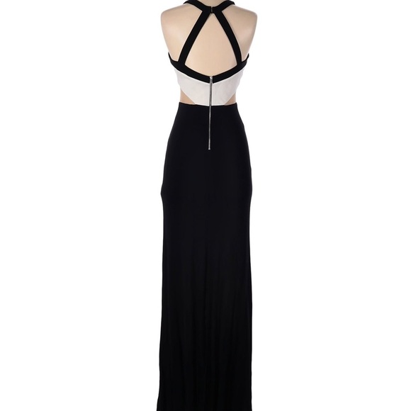 ABS Allen Schwartz ~ Black & White Jersey V Neck Cut-Out Formal Gown Maxi Dress - Picture 3 of 7